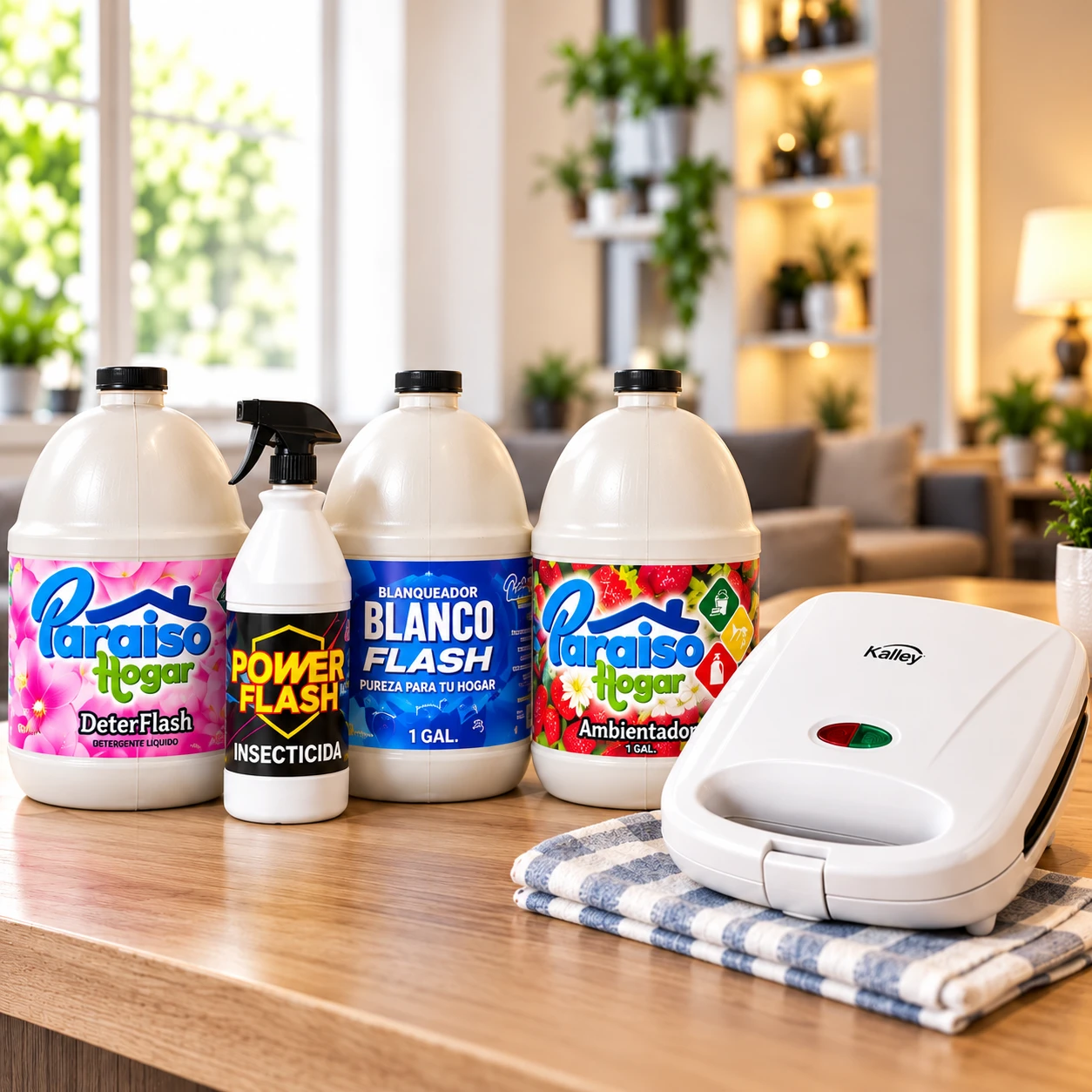Premio: detergente DeterFlash, insecticida Power Flash, blanqueador Blanco Flash, ambientador Paraíso Hogar y sanduchera Kalley